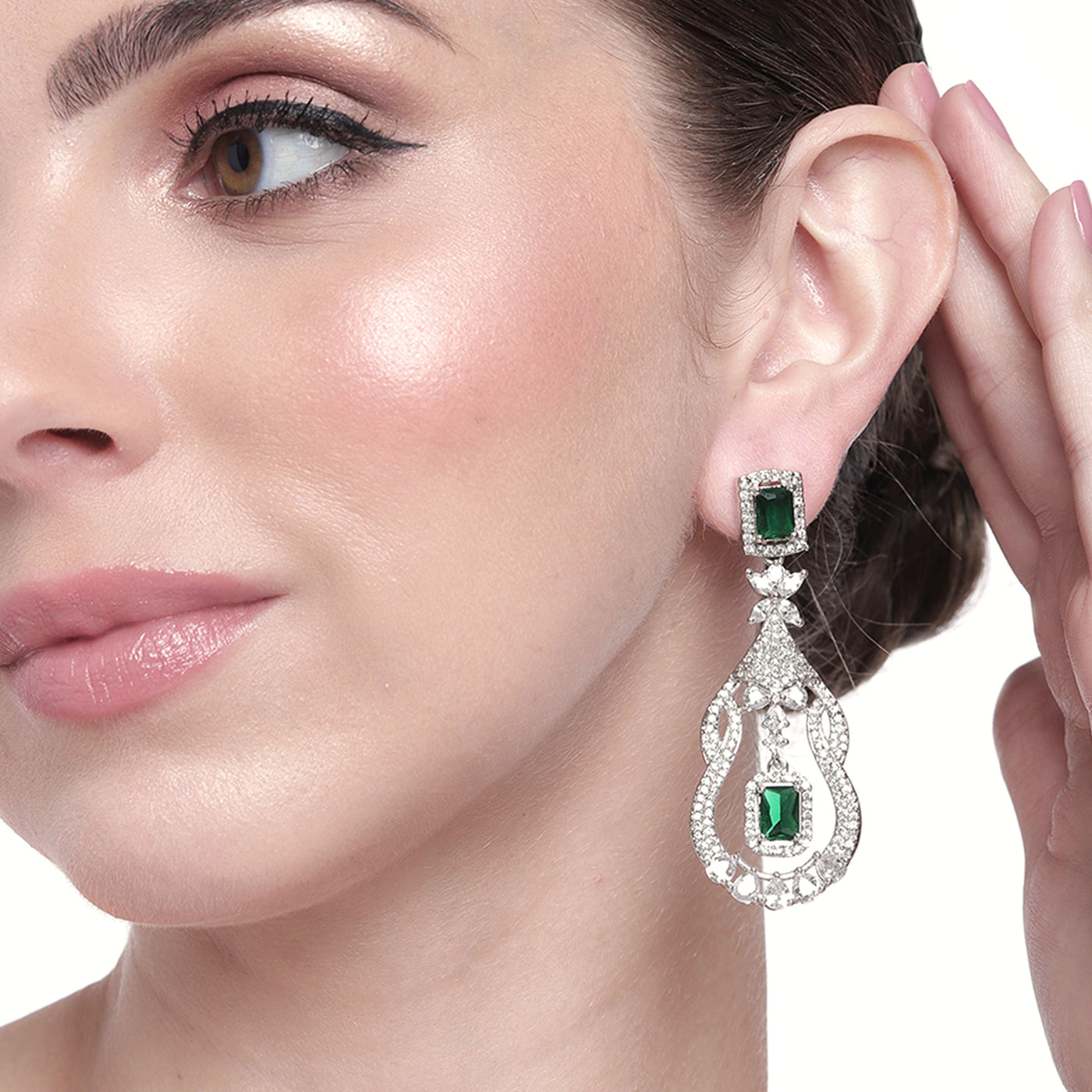 Estele Rhodium Plated CZ Scintillating Drop Earrings with Emerald Stone for Women