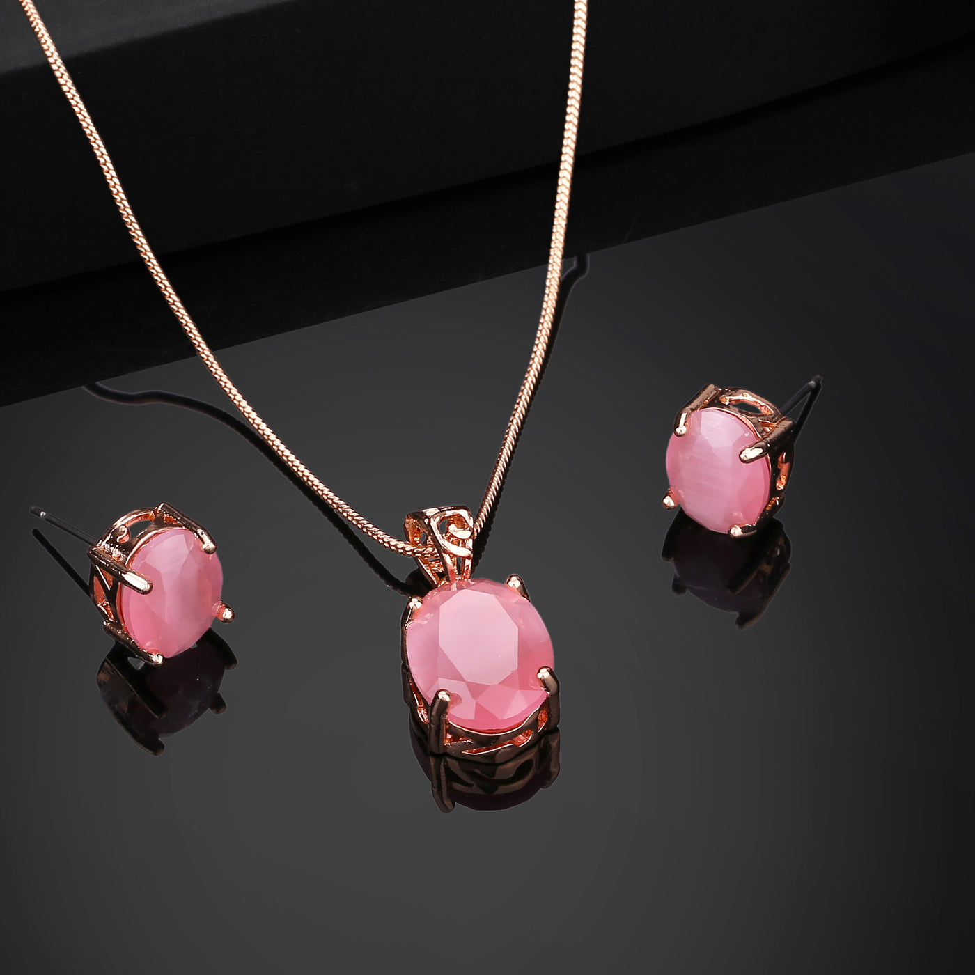 Estele Rose Gold Plated CZ Elegant Designer Pendant Set with Mint Pink Stones for Women