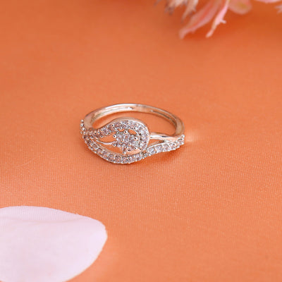 Estele Rhodium Plated CZ Flower Designer Finger Ring for Women