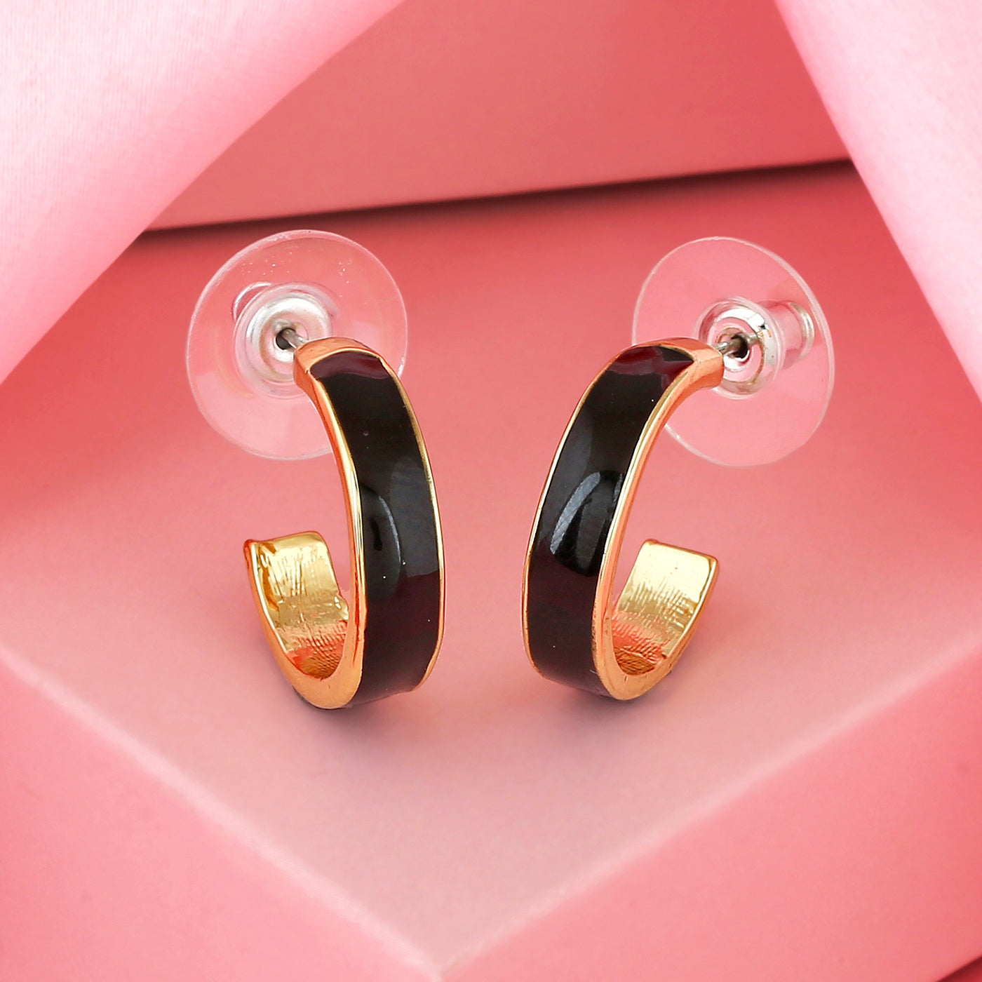 Estele Non Precious Metal Gold Tone Black broad enamel Hoop Earrings for Womens
