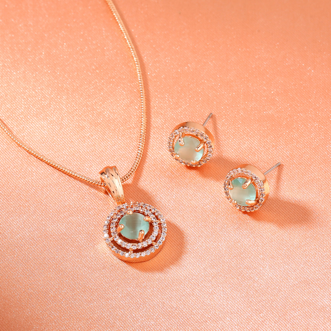 Estele Rose Gold Plated CZ Circular Designer Pendant Set with Mint Green Stones for Women