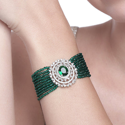 Estele Rhodium Plated CZ Sparkling Multi-Layered Bracelet with Emerald Beads for Women