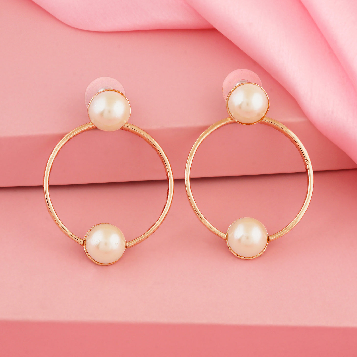 Estele Rose Gold Plated Bold Ring Pearl studded Earrings for women