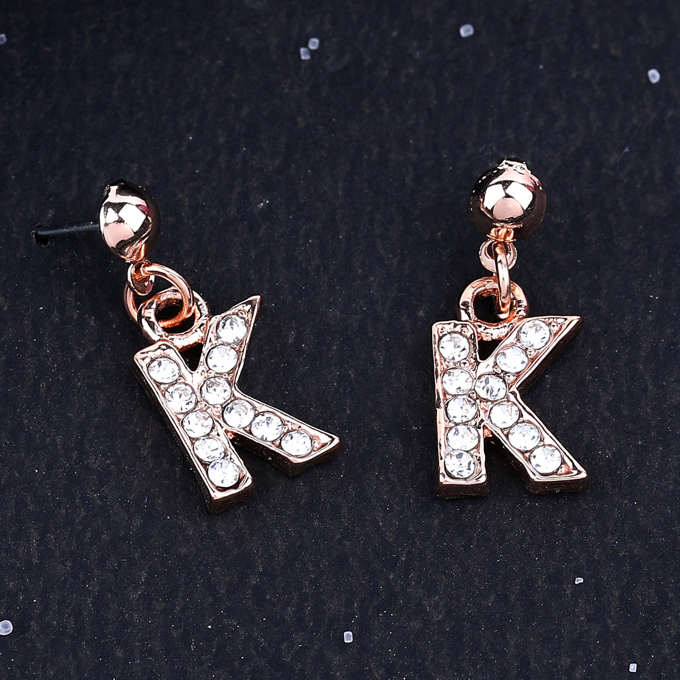 Estele Rose Gold Plated Magnificent Medium 'K' Letter Earrings with Crystals for Women