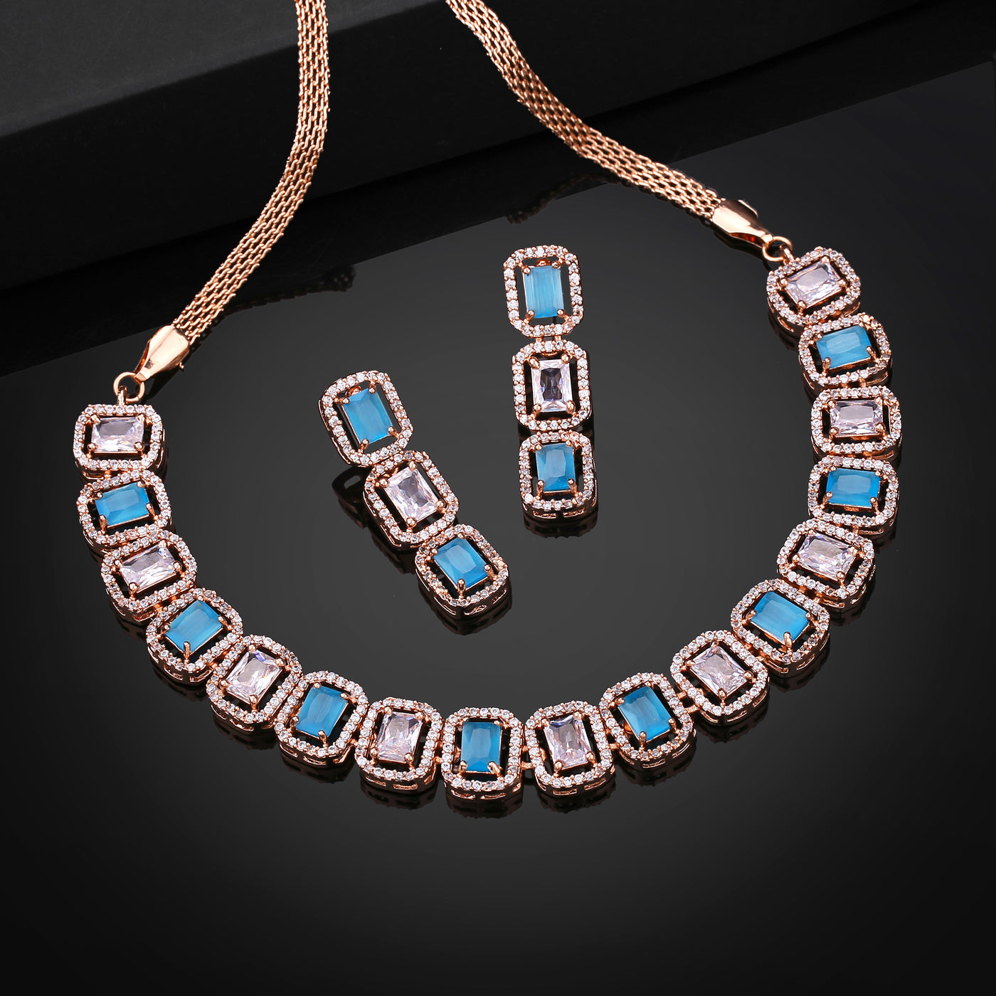 Estele Rose Gold Plated CZ Elegant Neklace Set with Turquoise Blue for Women