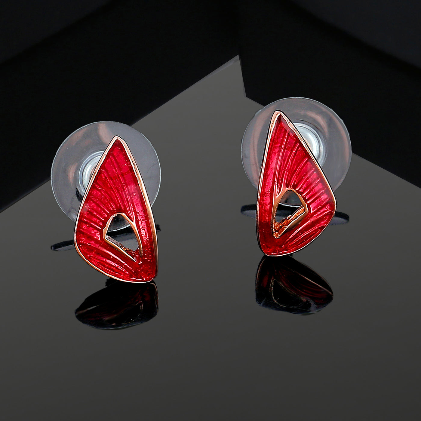 Estele Rose Gold Plated Classic Patterned Stud Earrings with Red Enamel for Women