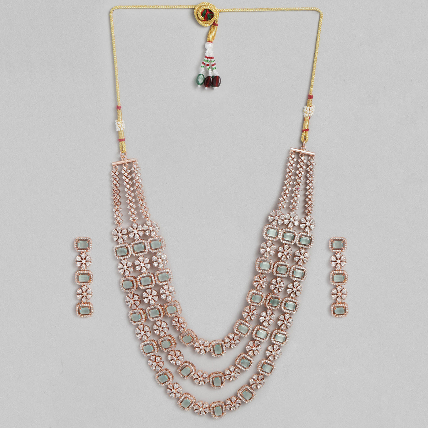 Estele Rose Gold Plated CZ Scintillating Three Layered Necklace Set with Mint Green and White Crystals for Women