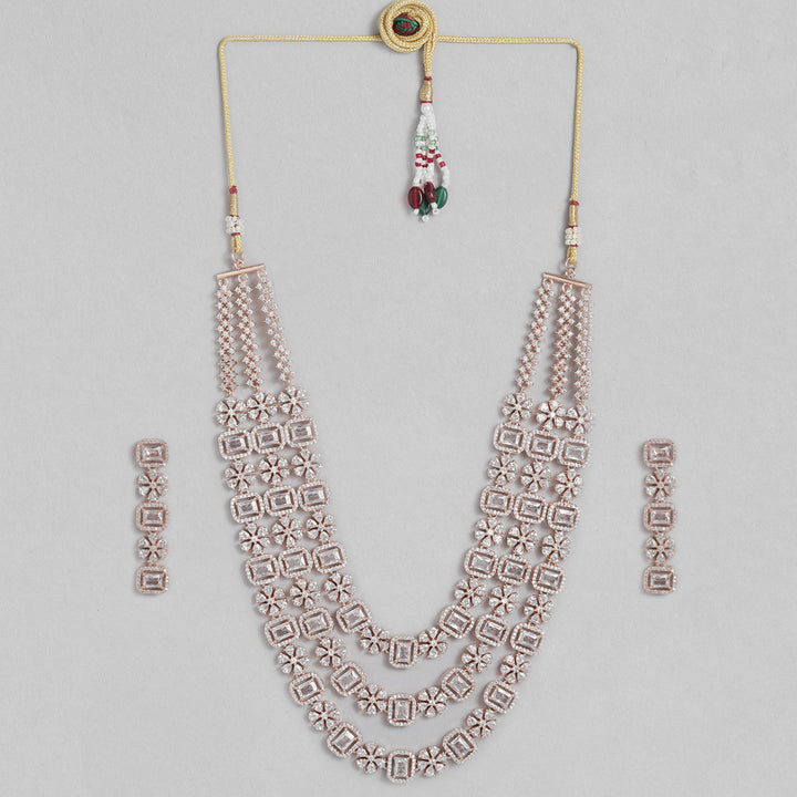Estele Rose Gold Plated CZ Dazzling Three Layered Dulhan Necklace Set with White Stones for Women