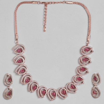 Estele Rose Gold Plated CZ Attractive Necklace Set with Tourmaline Pink for Women