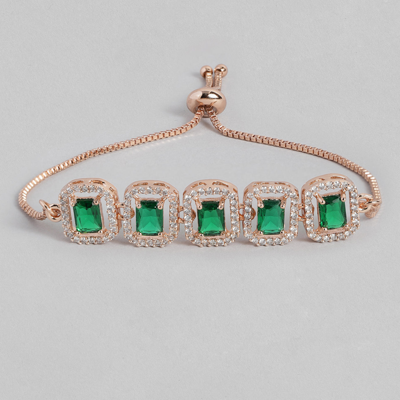 Estele Rose Gold Plated CZ Ossum Octagon Bracelet with Green Crystals for Women