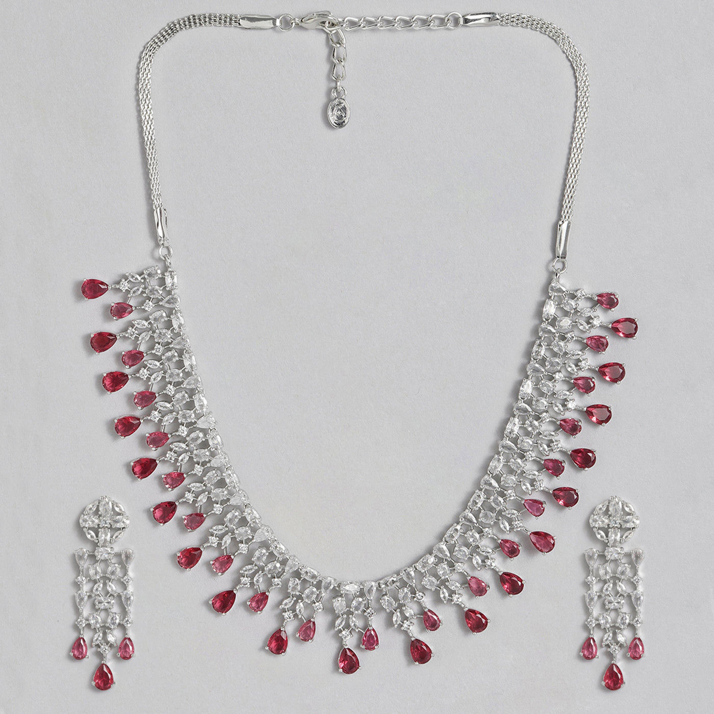 Estele Rhodium Plated CZ Beautiful Designer Necklace Set with Ruby Stones for Women