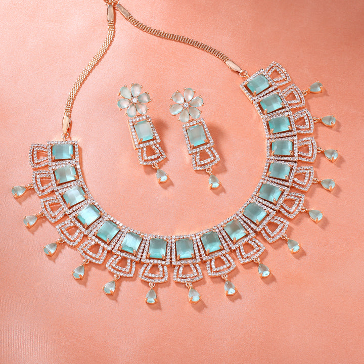 Estele Rose Gold Plated CZ Glimmering Dulhan Necklace Set with Mint Green and White Crystals for Women