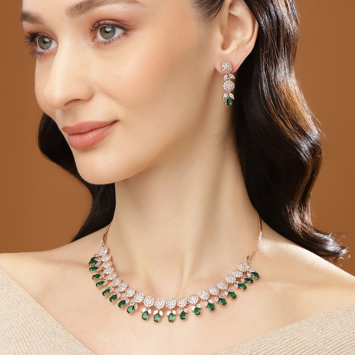 Estele Rose Gold Plated CZ Gorgeous Necklace Set with Green Crystals for Women