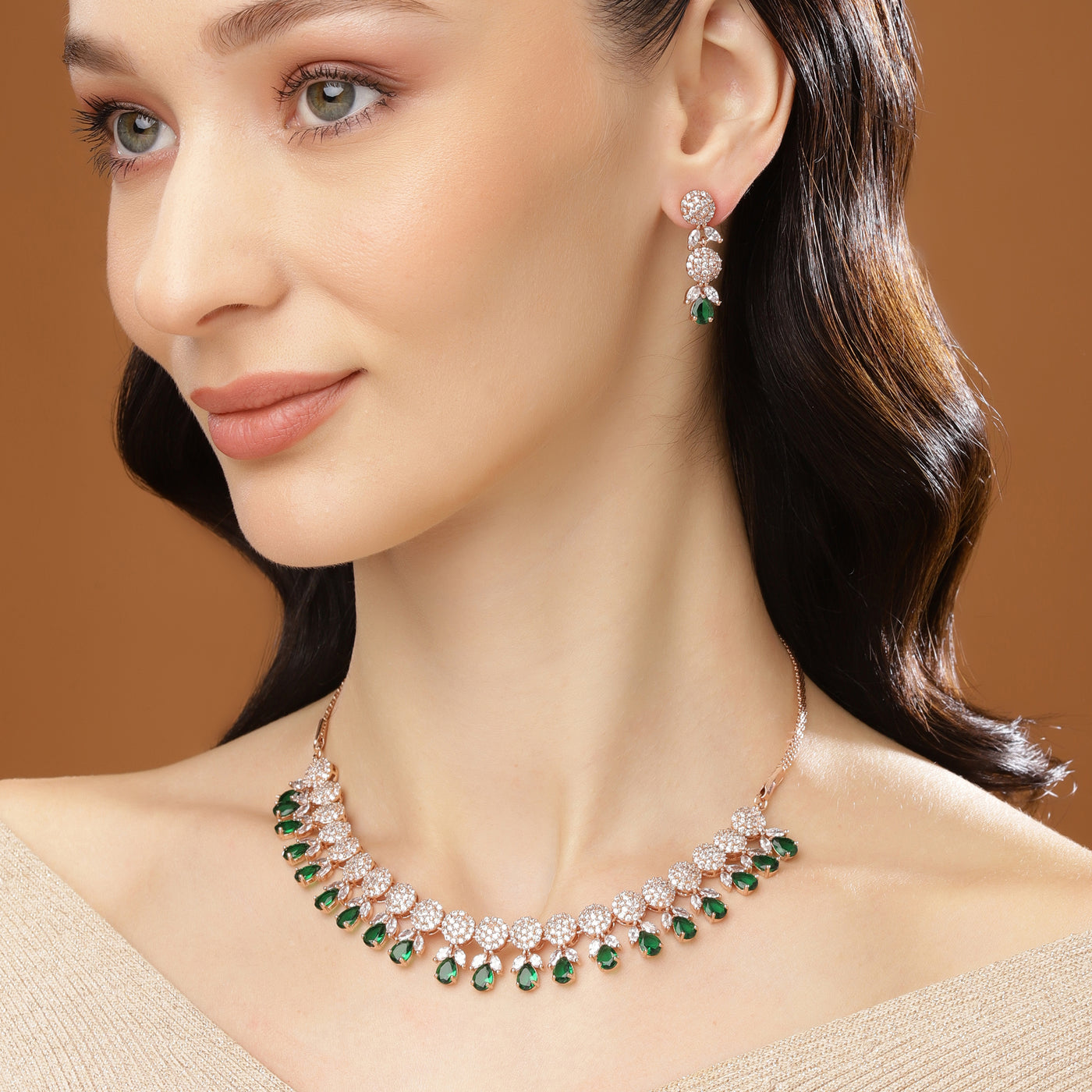 Estele Rose Gold Plated CZ Gorgeous Necklace Set with Green Crystals for Women