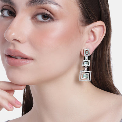 Estele Rhodium Plated CZ Geometric Designer Drop Earrings with Mint Green for Women