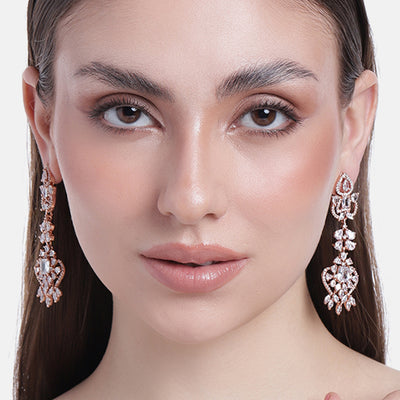 Estele Rose Gold Plated CZ Magnificent Drop Earrings with White Crystals for Women