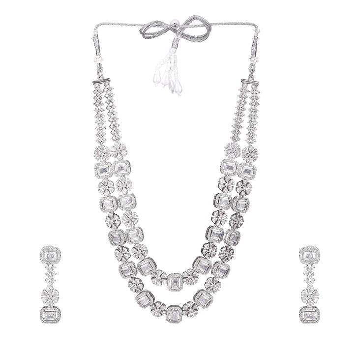 Estele Rhodium Plated CZ Ravishing Designer Double Layered Necklace Set with White Crystals for Women