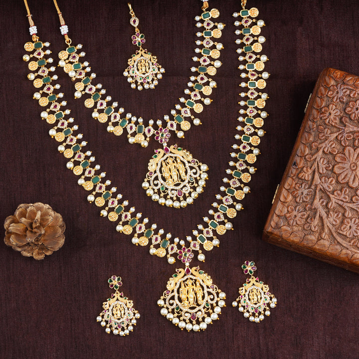 Estele Gold Plated CZ Divine Ram Parivar Designer Bridal Pearls Necklace Set for Women