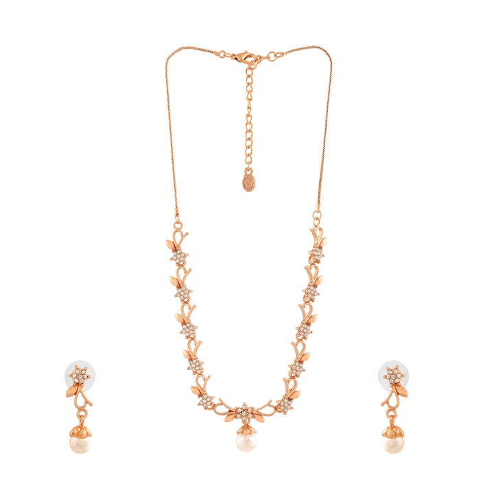Estele Rose Gold Plated Elegant Blossom Designer Necklace Set with Pearl for Women