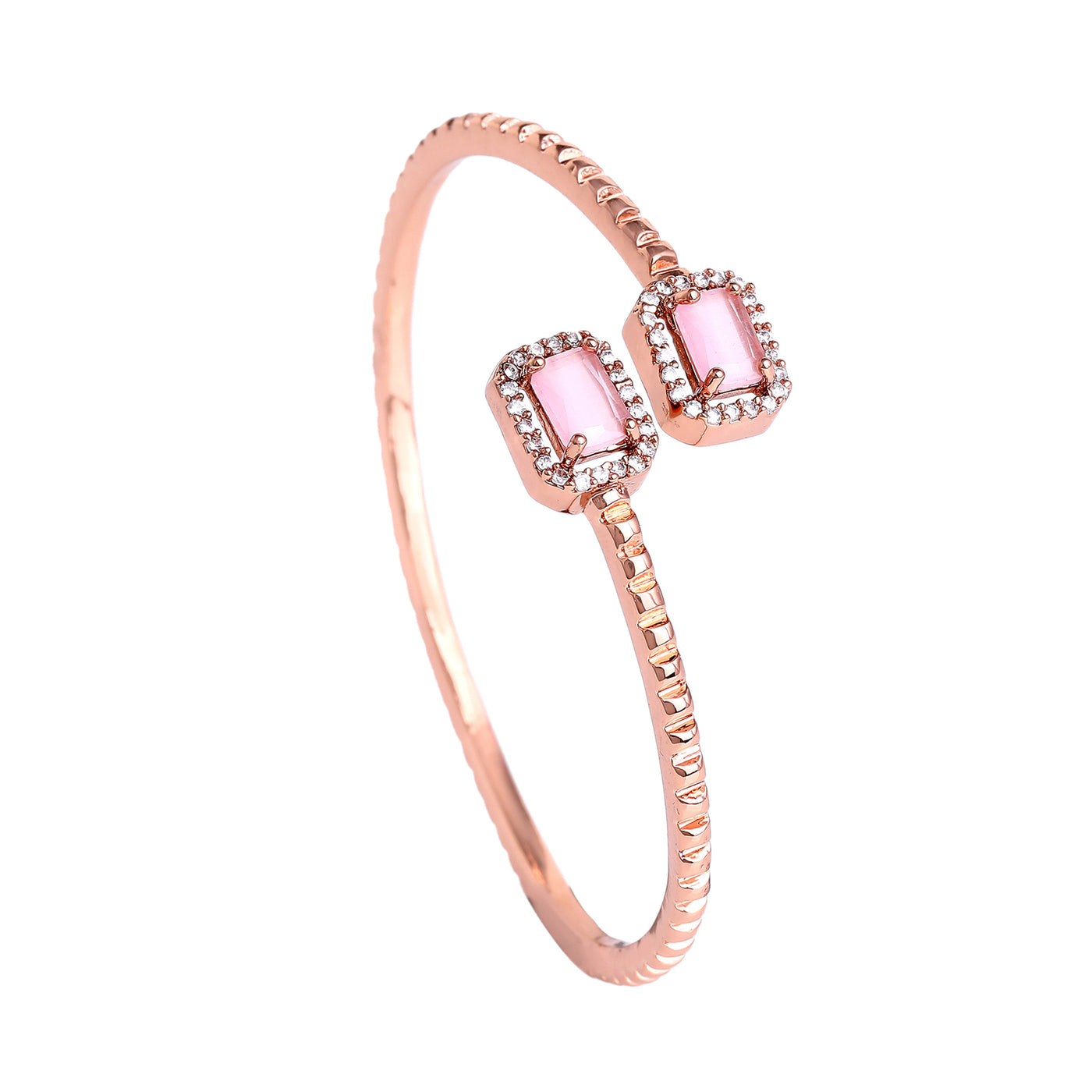 Estele Rosegold Plated Trendy Square Patterned Lightweight Kada Bracelet with Mint Pink Glittering American Diamonds for Women