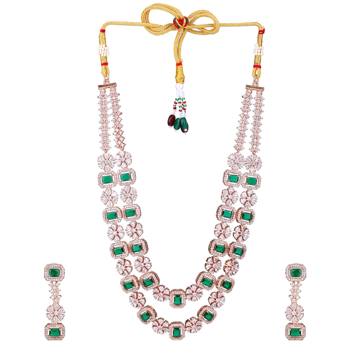 Estele Rose Gold Plated CZ Dazzling Double Layered Designer Necklace Set with Green & White Crystals for Women