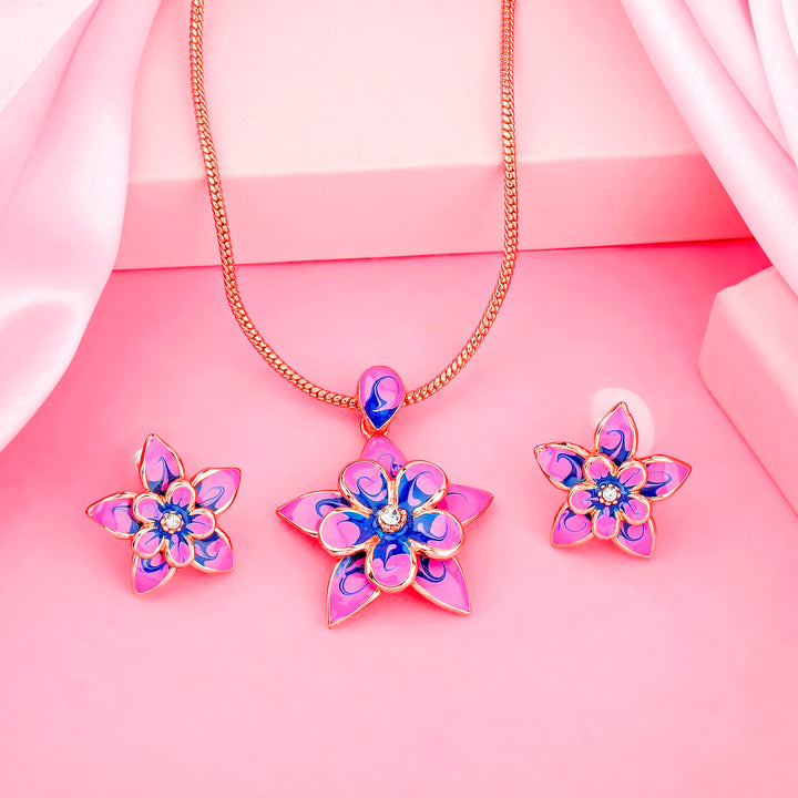Estele Rose Gold Plated Flower Shaped Necklace Set with Enamel for Women
