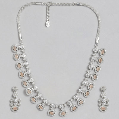 Estele Rhodium Plated CZ Shimmering Necklace Set with Mint Orange Crystals for Women
