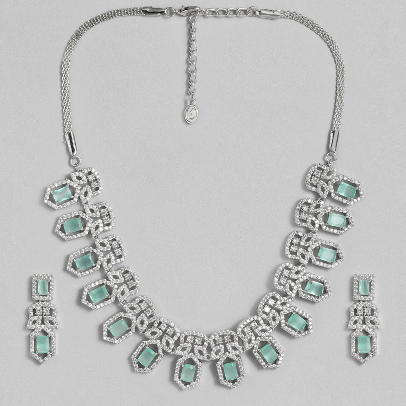 Estele Rhodium Plated CZ Shimmering Necklace Set with Mint Green Crystals for Women