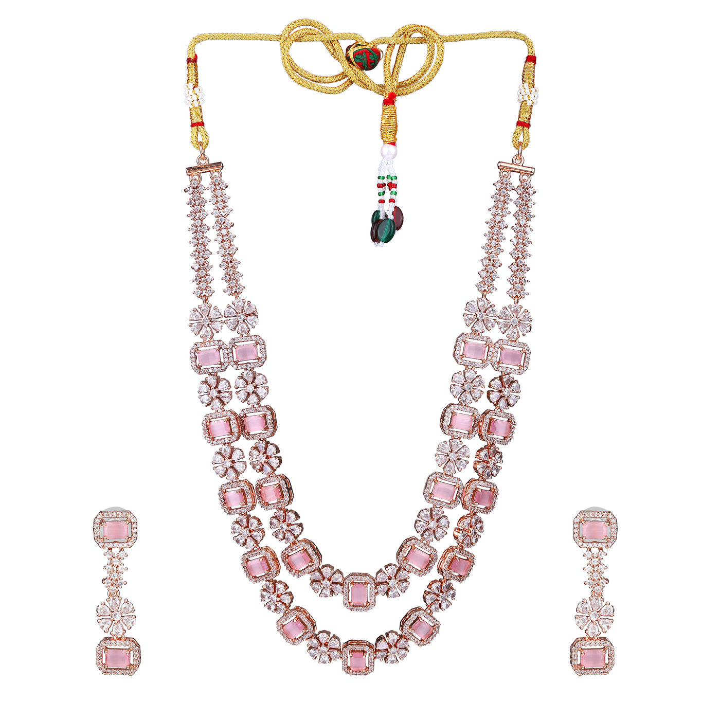 Estele Rose Gold Plated CZ Captivating Double Layered Necklace Set with Mint Pink & White Crystals for Women