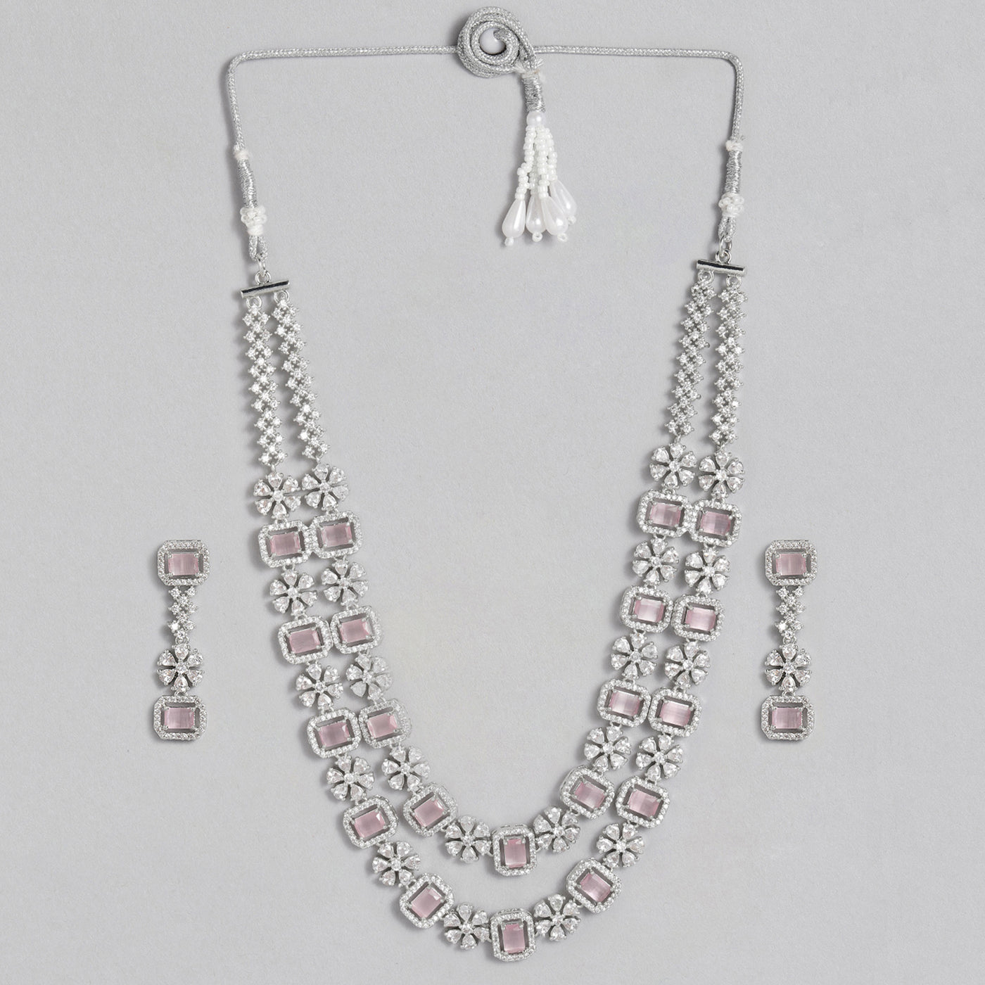 Estele Rhodium Plated CZ Fascinating Double Layered Necklace Set with Mint Pink and White Crystals for Women