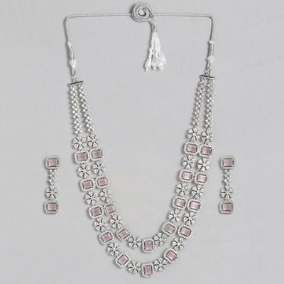 Estele Rhodium Plated CZ Fascinating Double Layered Necklace Set with Mint Pink and White Crystals for Women