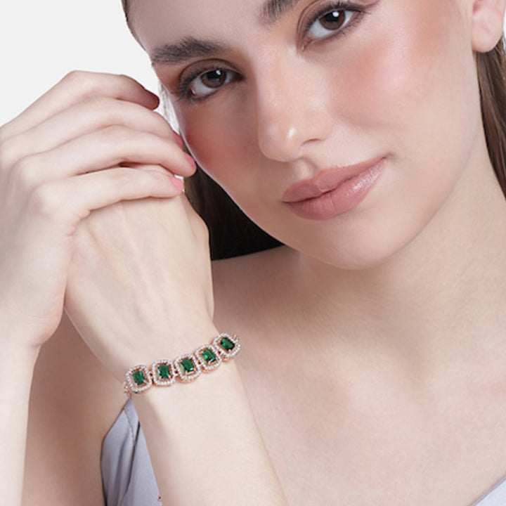 Estele Rose Gold Plated CZ Ossum Octagon Bracelet with Green Crystals for Women