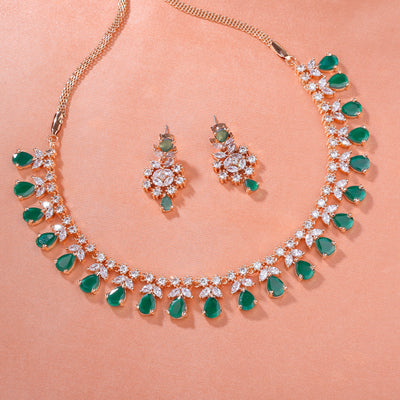 Estele Rose Gold Plated CZ Glamorous Necklace Set with Green Stones for Women