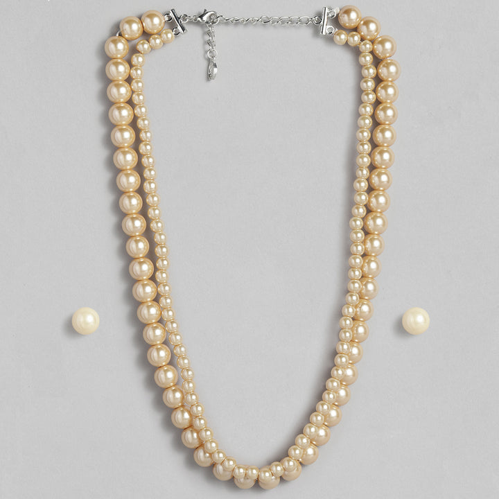 Estele Rhodium Plated Beautiful Double Line Pearl Necklace Set for Women