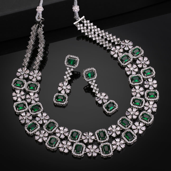 Estele Rhodium Plated CZ Dazzling Double Layered Designer Necklace Set with Green & White Crystals for Women