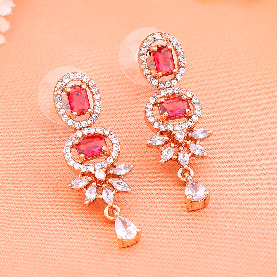 Estele Rose Gold Plated CZ Exquisite Drop Earrings with Tourmaline Pink Stones for Women