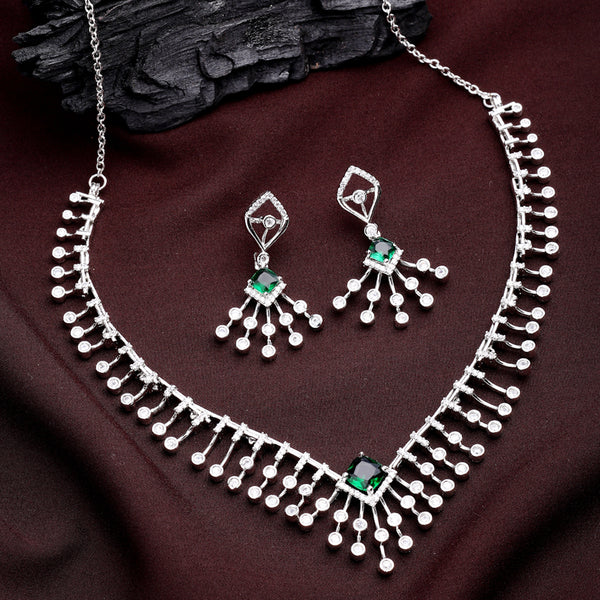 Lavish Glow: Rhodium Plated Green American Diamond Fringe Necklace Set – Timeless Elegant Jewelry for Weddings & Anniversary Celebrations