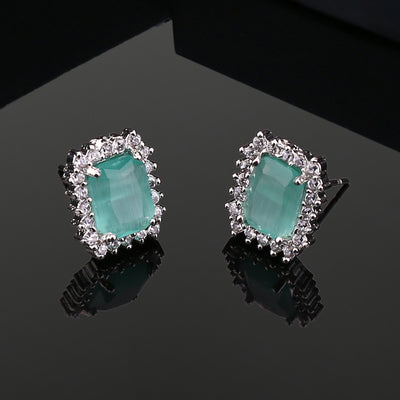 Estele Rhodium Plated CZ Square Designer Stud Earrings with Mint Green Stones for Women