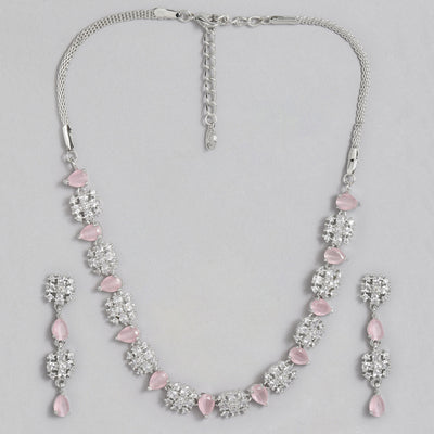 Estele Rhodium Plated CZ Sparkling Designer Necklace Set with Mint Pink Crystals for Women