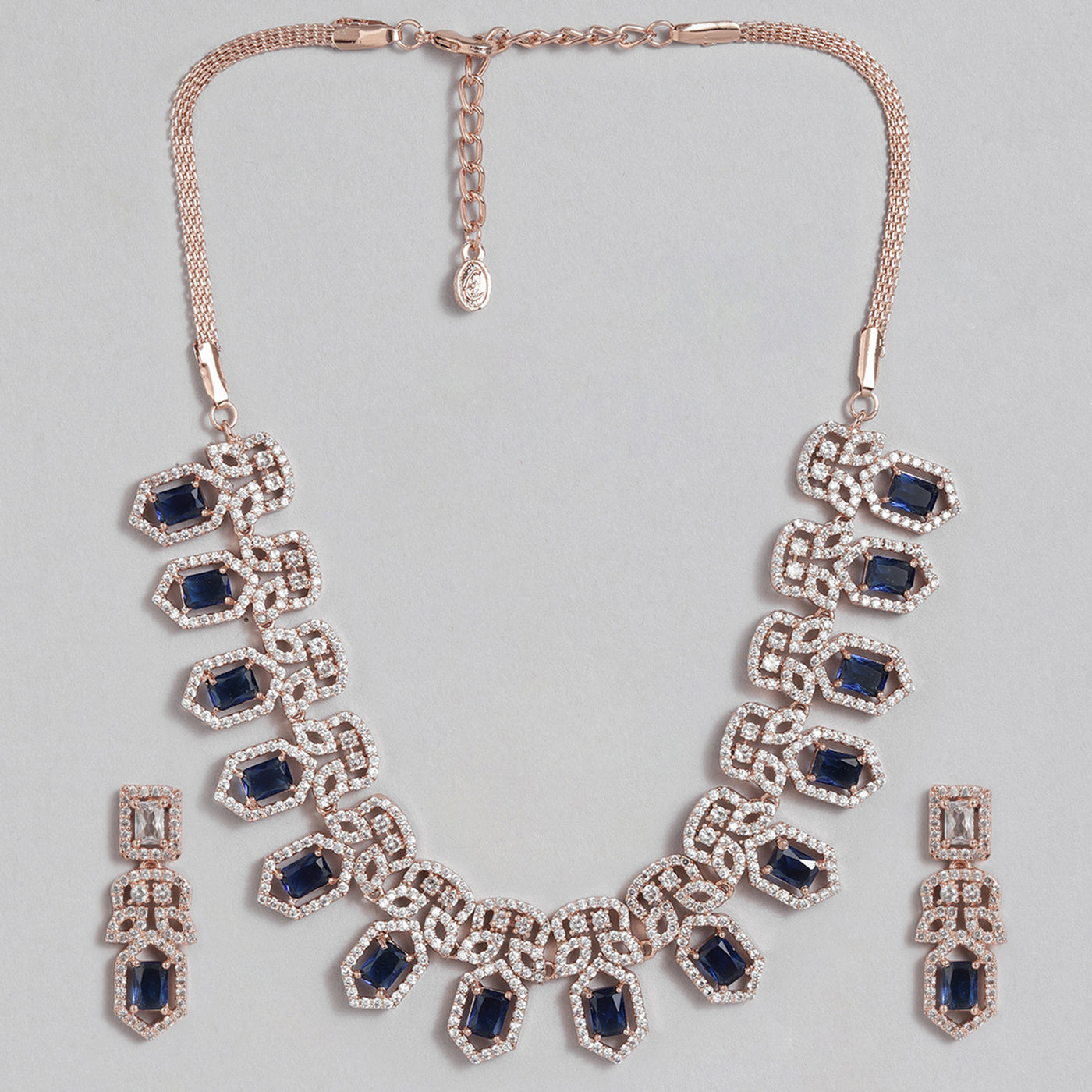 Estele Rose Gold Plated CZ Dazzling Necklace Set with Blue Crystals for Women