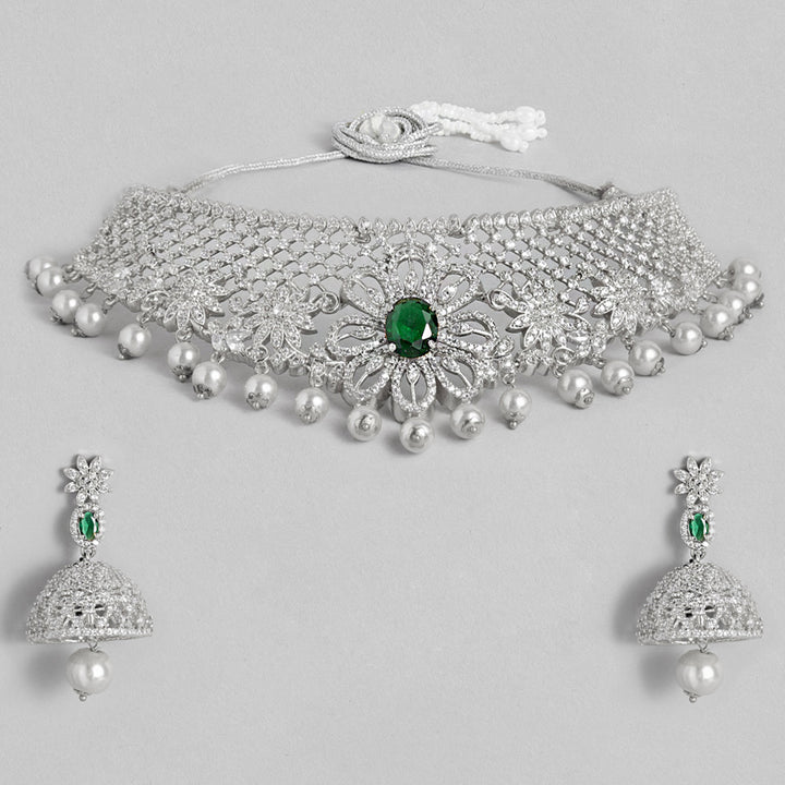Estele Rhodium Plated CZ Floral Designer Bridal Choker Necklace set with Pearl & Color Stones for Women