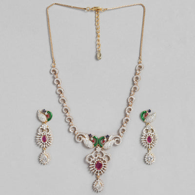 Estele - 24 KT gold plated Peacock Necklace set with Austrian Diamonds and Ruby stones for Women