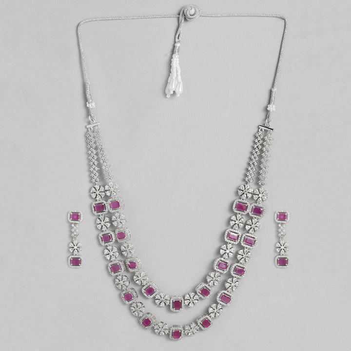 Estele Rhodium Plated CZ Captivating Double Layered Necklace Set with Ruby & White Crystals for Women
