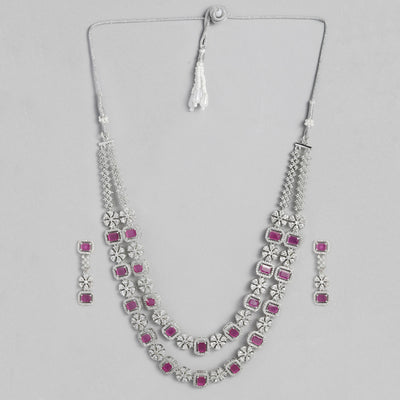 Estele Rhodium Plated CZ Captivating Double Layered Necklace Set with Ruby & White Crystals for Women