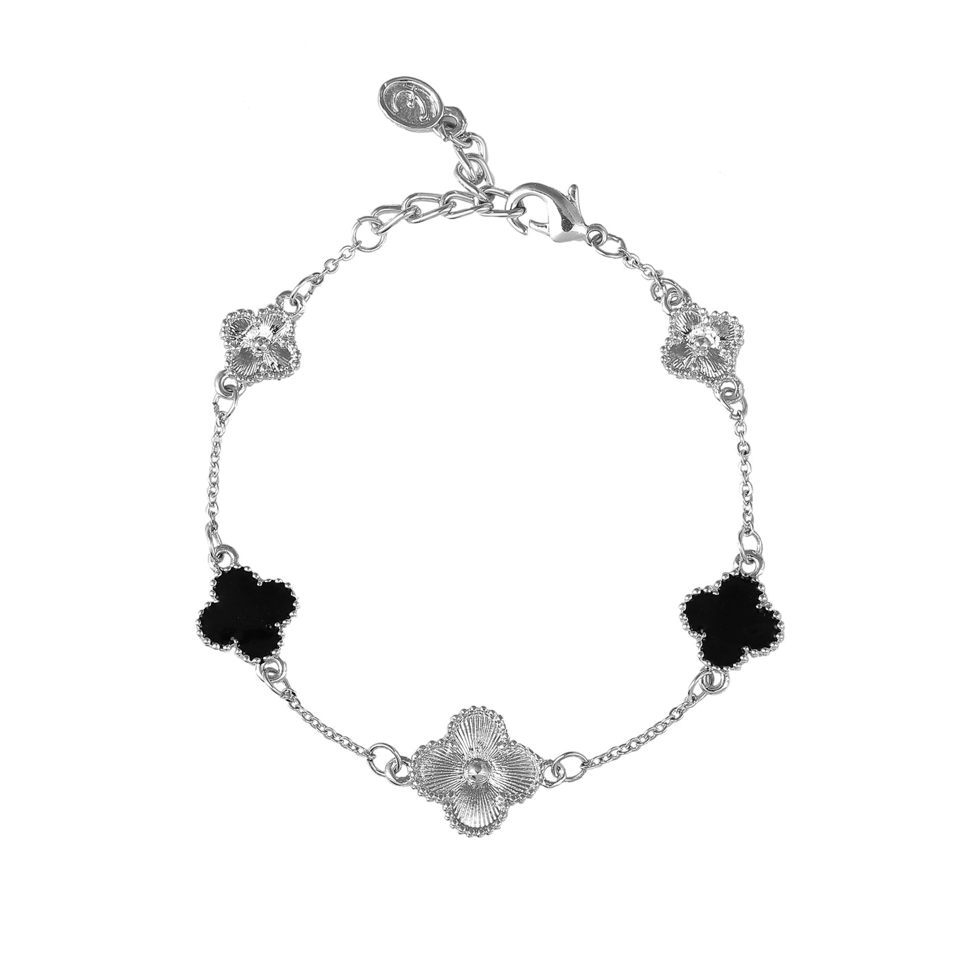 Estele Rhodium Plated Trendy & Stylish Black Clover Leaf Designer Adjustable Charm Bracelet for Girls and Women