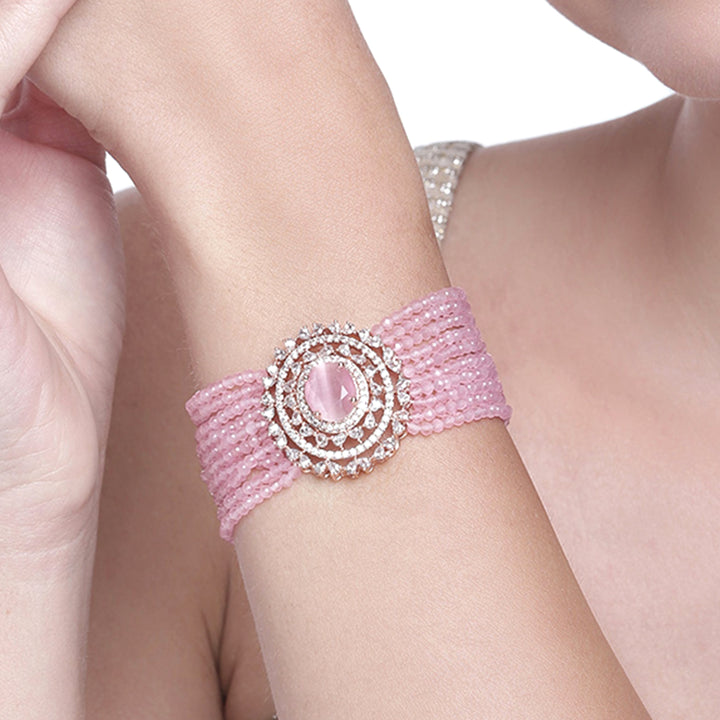 Estele Rose Gold Plated CZ Sparkling Multi-Layered Bracelet with Mint Pink Stones for Women