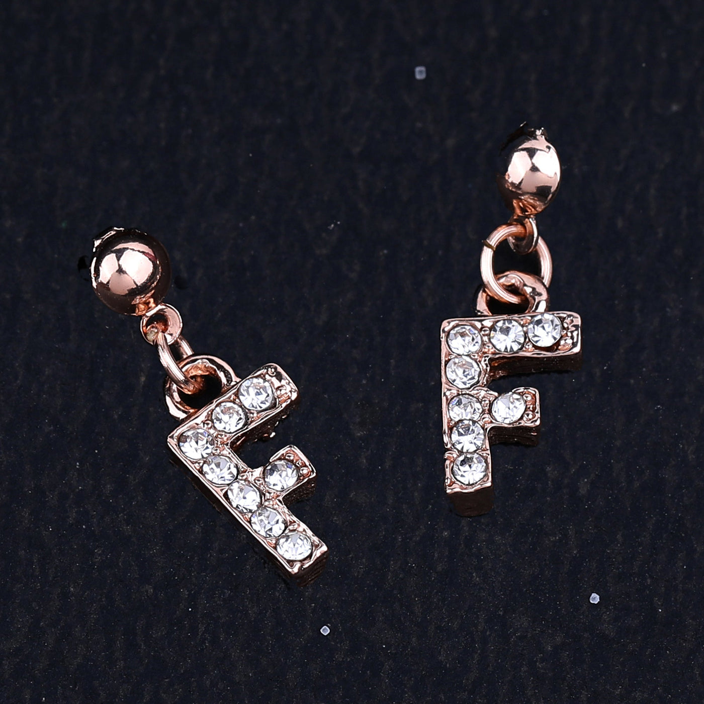 Estele Rose Gold Plated Magnificent Medium 'F' Letter Earrings with Crystals for Women