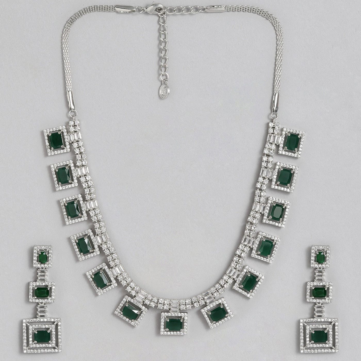 Estele Rhodium Plated CZ Geometric Designer Necklace Set with Emerald Crystals for Women