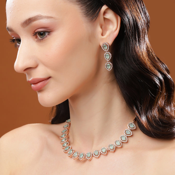 Estele Rose Gold Plated CZ Stunning Tear Drop Necklace Set with Mint Green & White for Girls & Women's