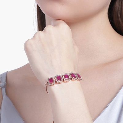 Estele Rose Gold Plated CZ Ossum Octagon Bracelet with Ruby Crystals for Women